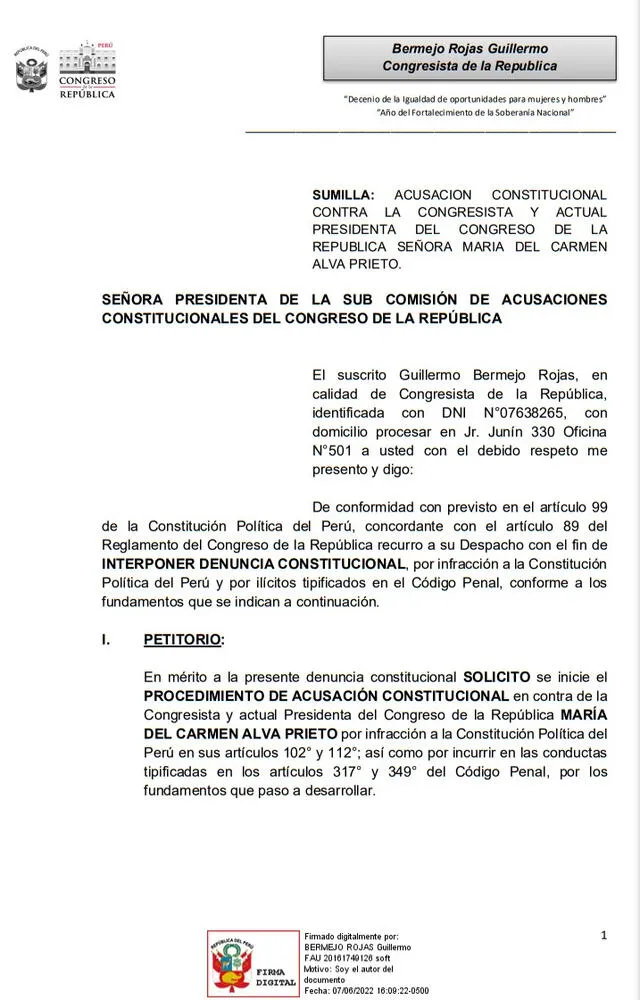 Denuncia contra Maricarmen Alva. Foto: Twitter Guillermo Bermejo   