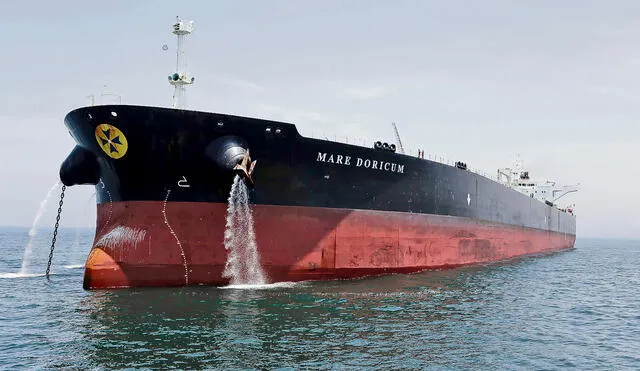 El buque. El Mare Doricum descargaba petróleo cuando se produjo el ''movimiento brusco''. Foto: Marco Cotrina / La República