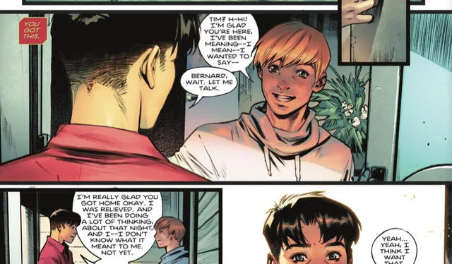 En la última edición de Batman: Urban Legends, Robin, interpretado por Tim Drake, acepta una cita con otro chico. Créditos: Meghan Fitzmartin (escritora), Belén Ortega (dibujo) y Alejandro Sánchez (color). En la última edición de Batman: Urban Legends, Robin, interpretado por Tim Drake, acepta una cita con otro chico. Créditos: Meghan Fitzmartin (escritora), Belén Ortega (dibujo) y Alejandro Sánchez (color).