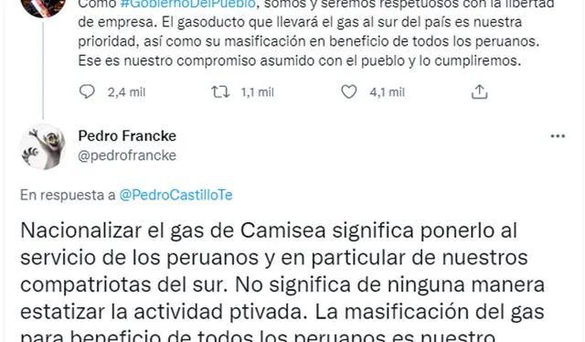 <em>Camisea. Pedro Francke secundó en Twitter al presidente Pedro Castillo, tras una serie de cuestionamientos por un presunto intento de "estatizar" el gas natural. Foto: Twitter</em> <em>Camisea. Pedro Francke secundó en Twitter al presidente Pedro Castillo, tras una serie de cuestionamientos por un presunto intento de "estatizar" el gas natural. Foto: Twitter</em>