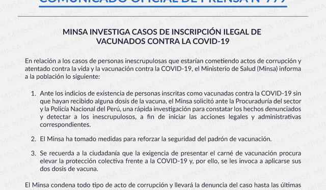 <em>Comunicado del Ministerio de Salud. Foto: Twitter</em> <em>Comunicado del Ministerio de Salud. Foto: Twitter</em>