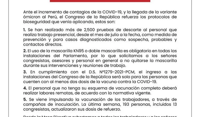 <em>Mesa Directiva dispone que congresistas no vacunados no entrarán al Parlamento. Foto: Twitter</em> <em>Mesa Directiva dispone que congresistas no vacunados no entrarán al Parlamento. Foto: Twitter</em>