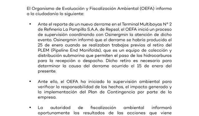 <em>Comunicado OEFA ante nuevo derrame de petróleo de Repsol</em> 