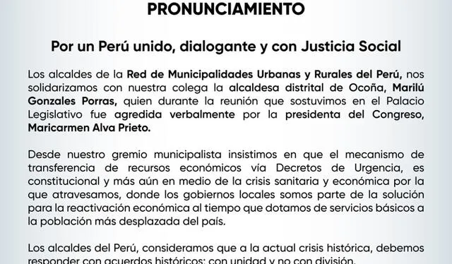 <em>Pronunciamiento de Remurpe sobre las palabras de Maricarmen Alva Prieto. Foto: Twitter</em> <em>Pronunciamiento de Remurpe sobre las palabras de Maricarmen Alva Prieto. Foto: Twitter</em>
