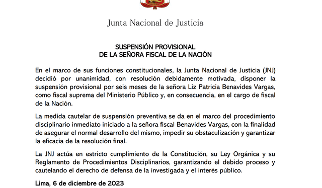 Pronunciamiento de la JNJ que suspende a Fiscal de la Nación Patricia Benavides   