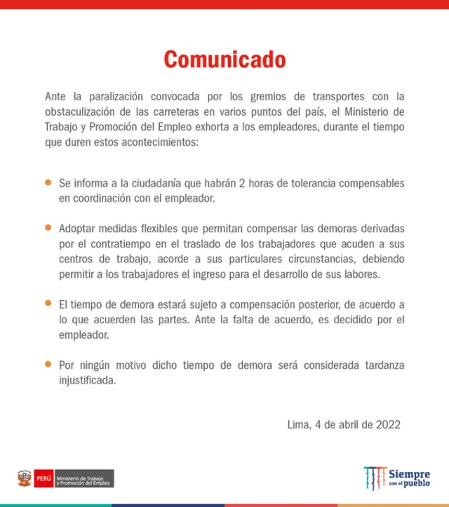 <em>Comunicado del MTPE. Foto: Difusión</em> <em>Comunicado del MTPE. Foto: Difusión</em>