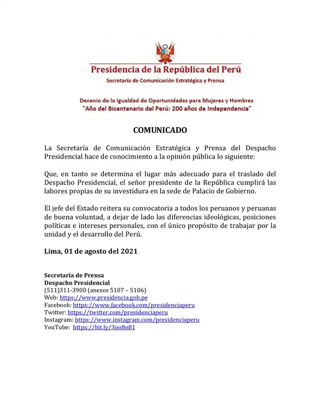 <em>Comunicado de la Presidencia de la República</em>   
