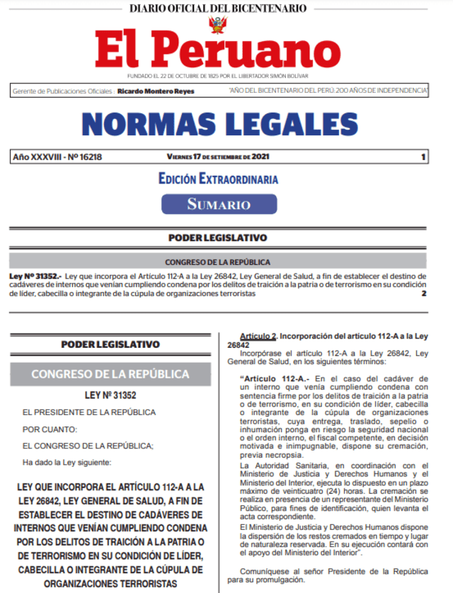  Ley para cremar el cadáver de líderes terroristas fue publicada en diario El Peruano. Foto: Captura   